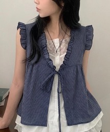 【春夏新作】ウイングスリーブミニチェック柄レイヤードブラウス