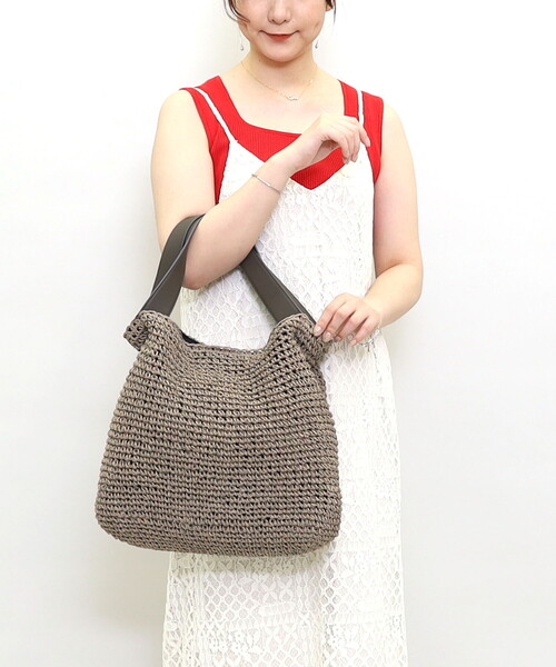 COOCO(クーコ)の「ペーパー素材2WAYトートバッグ/A4対応(かごバッグ・レディース・キャメル/グレー系/ブラック・FREE)」の2枚目の写真