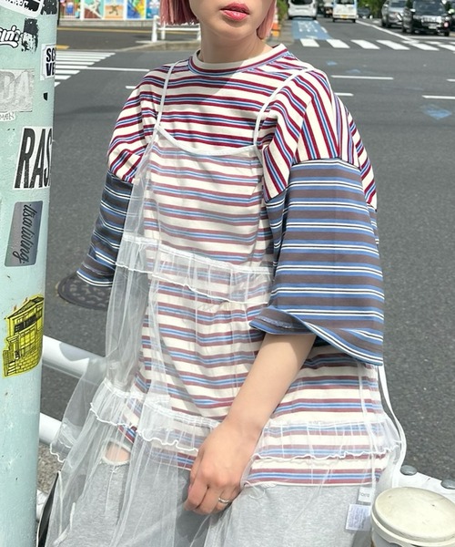 Alley Tokyo(アリートーキョー)の「パネルボーダーBigT(Tシャツ/カットソー・レディース・イエロー/チャコール/サックスブルー・FREE)」の2枚目の写真