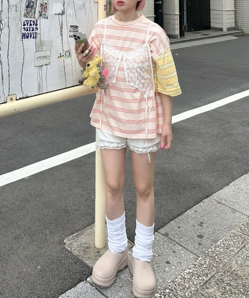 Alley Tokyo(アリートーキョー)の「パネルボーダーBigT(Tシャツ/カットソー・レディース・イエロー/チャコール/サックスブルー・FREE)」の6枚目の写真