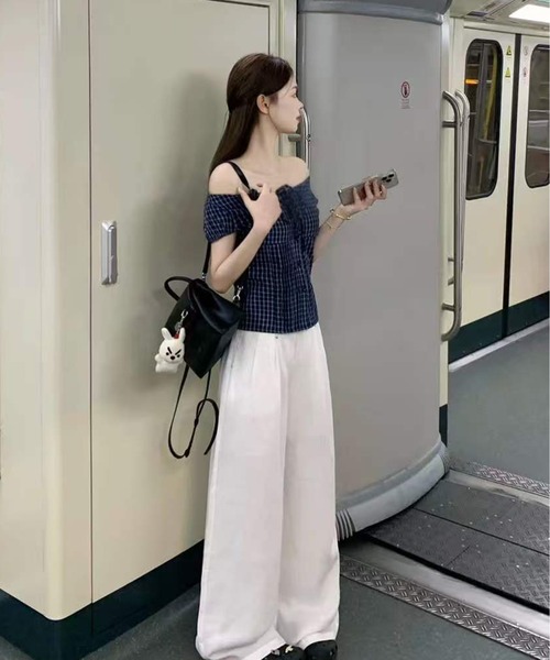 AsheKsha(アシクシャ)の「チェック柄の半袖シャツ、ウエストが絞られたパフスリーブトップス(シャツ/ブラウス・レディース・ネイビー・M)」の7枚目の写真