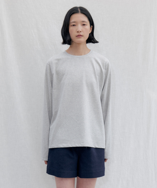 STEP AROUND(ステップアラウンド)の「Cotton Stripe Long Sleeve Tee_MELANGE GRAY(Tシャツ/カットソー・レディース・その他・FREE)」の1枚目の写真