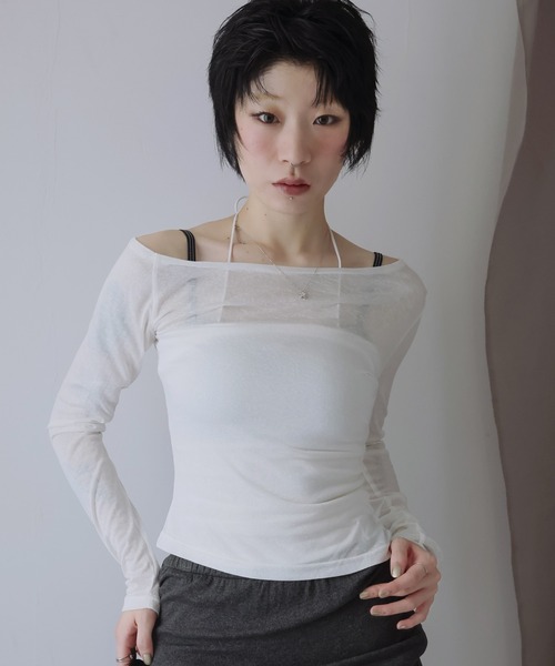 Ulysses(ユリシス)の「【2枚セット】シアートップス&ホルターネック(Tシャツ/カットソー・レディース・モカ/アイボリー/ブラック・S/M)」の2枚目の写真