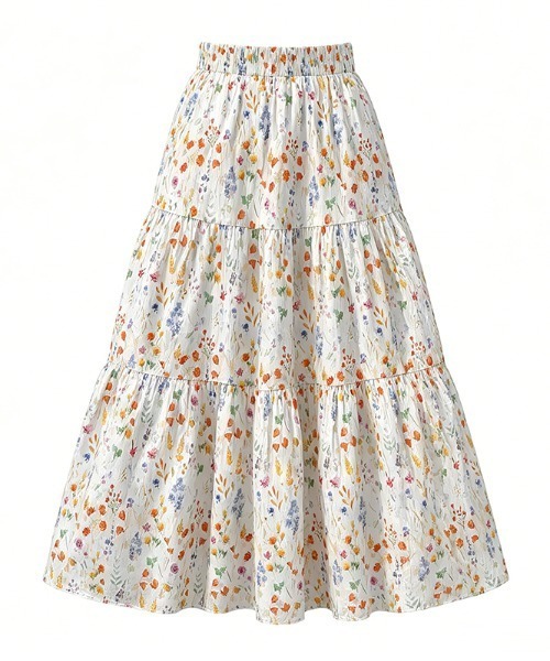 LUCPY(ラクピー)の「フラワープリントティアードロングスカート(スカート・レディース・アイボリー・MEDIUM/SMALL/X-LARGE/LARGE)」の5枚目の写真