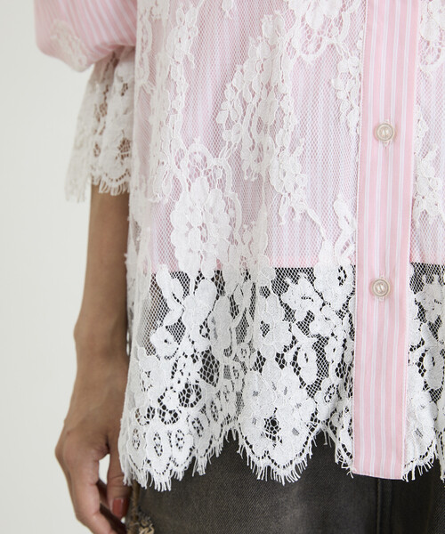 Freada(フリーダ)の「Freada/フリーダ レースドッキング ストライプ シャツ(シャツ/ブラウス・レディース・ブルー/ピンク・ONE SIZE)」の6枚目の写真