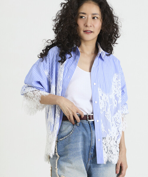 Freada(フリーダ)の「Freada/フリーダ レースドッキング ストライプ シャツ(シャツ/ブラウス・レディース・ブルー/ピンク・ONE SIZE)」の8枚目の写真