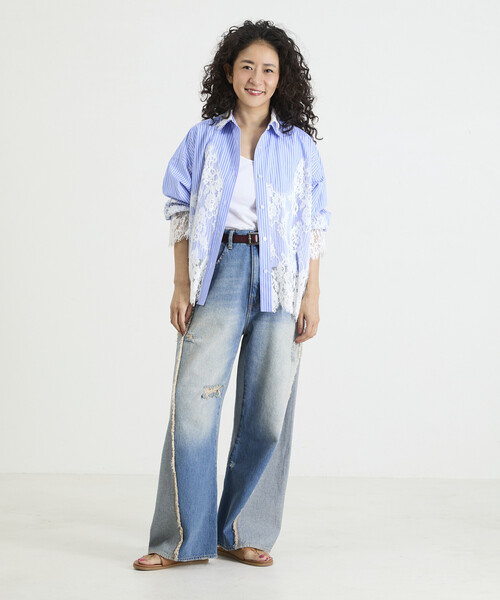 Freada(フリーダ)の「Freada/フリーダ レースドッキング ストライプ シャツ(シャツ/ブラウス・レディース・ブルー/ピンク・ONE SIZE)」の9枚目の写真
