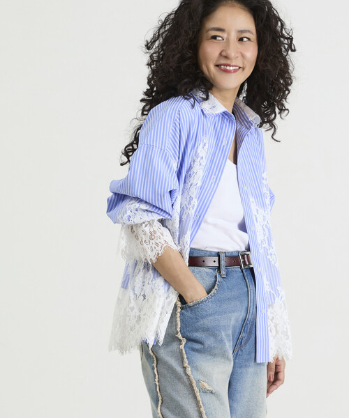 Freada(フリーダ)の「Freada/フリーダ レースドッキング ストライプ シャツ(シャツ/ブラウス・レディース・ブルー/ピンク・ONE SIZE)」の10枚目の写真