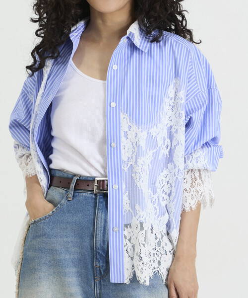 Freada(フリーダ)の「Freada/フリーダ レースドッキング ストライプ シャツ(シャツ/ブラウス・レディース・ブルー/ピンク・ONE SIZE)」の12枚目の写真
