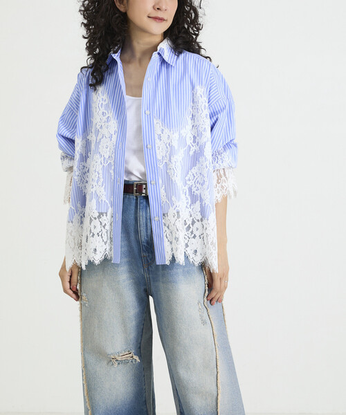 Freada(フリーダ)の「Freada/フリーダ レースドッキング ストライプ シャツ(シャツ/ブラウス・レディース・ブルー/ピンク・ONE SIZE)」の13枚目の写真