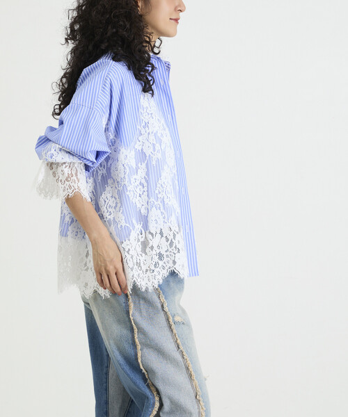 Freada(フリーダ)の「Freada/フリーダ レースドッキング ストライプ シャツ(シャツ/ブラウス・レディース・ブルー/ピンク・ONE SIZE)」の14枚目の写真