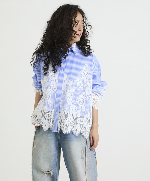 Freada(フリーダ)の「Freada/フリーダ レースドッキング ストライプ シャツ(シャツ/ブラウス・レディース・ブルー/ピンク・ONE SIZE)」の20枚目の写真