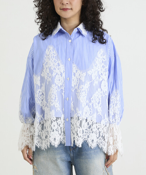 Freada(フリーダ)の「Freada/フリーダ レースドッキング ストライプ シャツ(シャツ/ブラウス・レディース・ブルー/ピンク・ONE SIZE)」の21枚目の写真