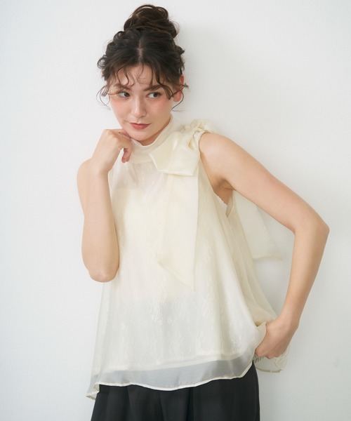 Lunea(ルネア)の「サイドリボンシアートップス/ side ribbon sheer top(シャツ/ブラウス・レディース・アイボリー/ピンク/ブラック/イエロー・FREE)」の1枚目の写真