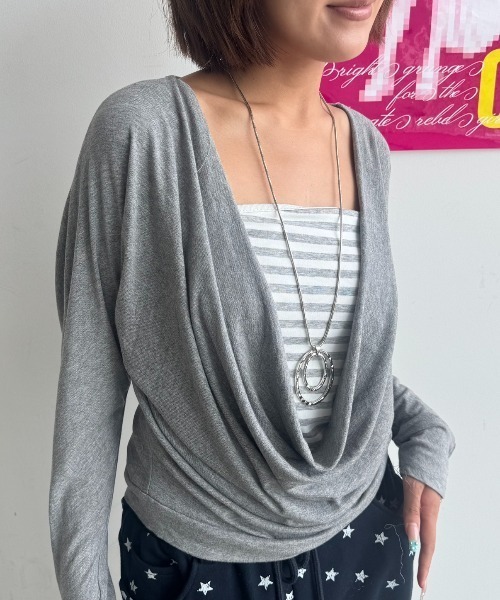 SHAGGIE(シャギー)の「ボーダーチューブトップ付きカシュクールルーズトップス(Tシャツ/カットソー・レディース・ブラック/グレー/ホワイト・FREE)」の11枚目の写真