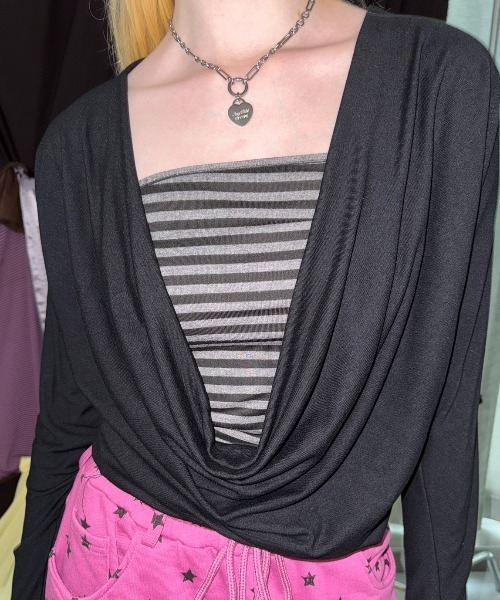 SHAGGIE(シャギー)の「ボーダーチューブトップ付きカシュクールルーズトップス(Tシャツ/カットソー・レディース・ブラック/グレー/ホワイト・FREE)」の22枚目の写真