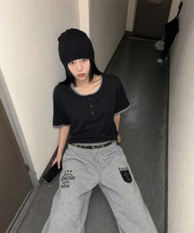 IDWS（アイドンワナセル）の「Layered Henley Neck T-Shirt Black（Tシャツ/カットソー）」