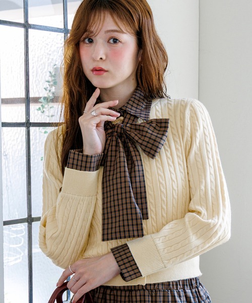 alotta(アロッタ)の「【Corie】チェック柄ボウタイシャツ2WAY仕様カーディガン(カーディガン/ボレロ・レディース・グレー/ブラック/アイボリー・M/L)」の17枚目の写真