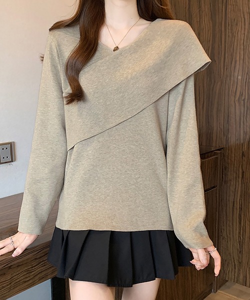 Doux Belle（ドゥーベル）の「アシメネックデザイン長袖リブニットセーター（ニット/セーター・レディース・ブラック/ベージュ・LARGE）」の6枚目の写真