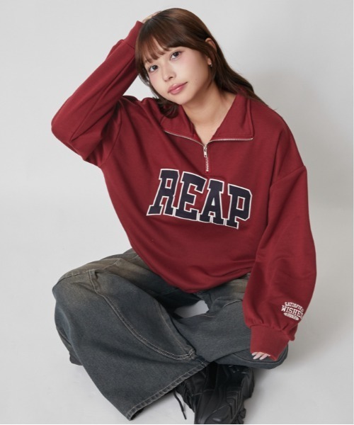 GORGE(ゴージ)の「カレッジロゴ ハーフジップ裏毛トップス|全3色(Tシャツ/カットソー・レディース・ブラック/レッド/杢グレー・F)」の11枚目の写真