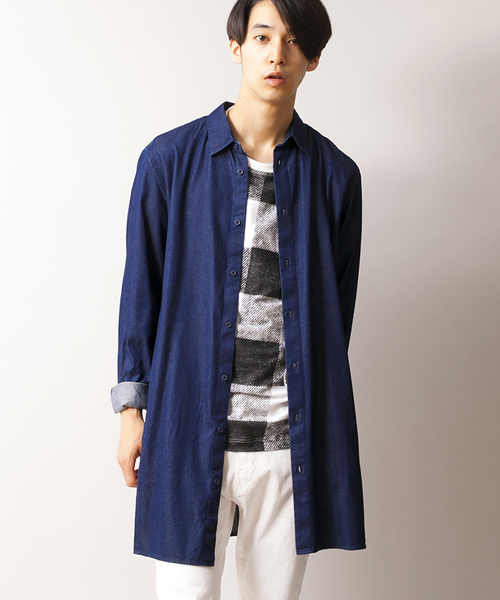 WEGO(ウィゴー)の「WEGO/コットンレーヨンデニムロングシャツ(シャツ/ブラウス・メンズ・ダークインディゴブルー/ライトインディゴブルー・MEDIUM/LARGE)」の1枚目の写真