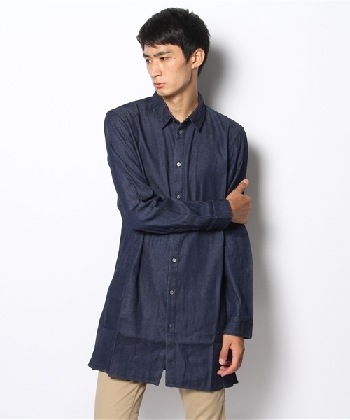 WEGO(ウィゴー)の「WEGO/コットンレーヨンデニムロングシャツ(シャツ/ブラウス・メンズ・ダークインディゴブルー/ライトインディゴブルー・MEDIUM/LARGE)」の6枚目の写真