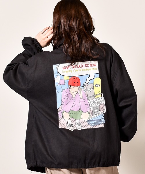 ユニセックスで着用可能 レトロイラストバックプリントコーチジャケット