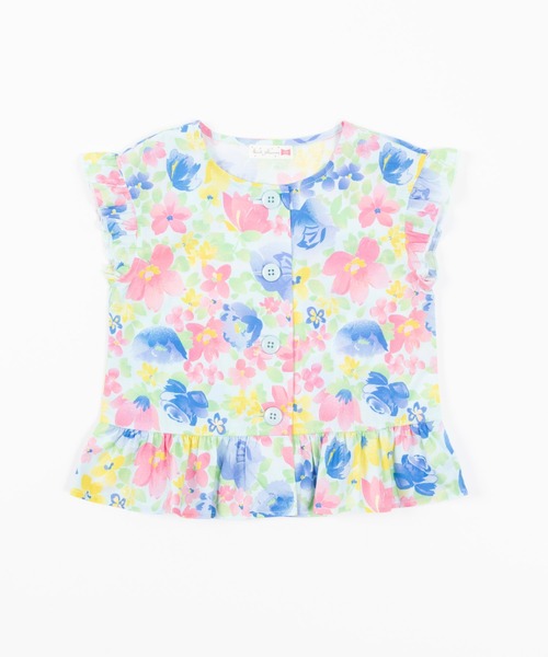 KP(ケーピー)の「タイプライター花プリントノースリーブブラウス(100-130cm)(シャツ/ブラウス・キッズ・ブルー/ベージュ・110cm/130cm/120cm)」の1枚目の写真