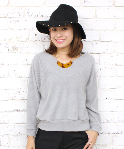 mystic（ミスティック）の「ワイドVネックリブプルオーバー（Tシャツ/カットソー・レディース・キャメル/チャコールグレー/オフホワイト/グレー・ﾌﾘ-）」の3枚目の写真