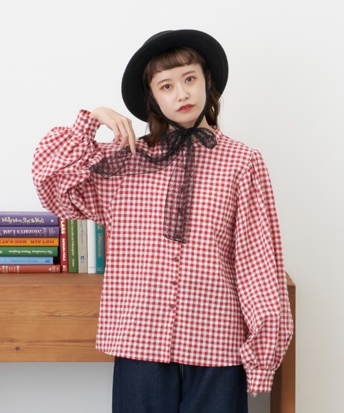 MERLOT(メルロー)の「【人気no.1ブラウスに新色登場】ギンガムパフスリブラウス(シャツ/ブラウス・レディース・グリーン/ブラック/レッド/イエロー・FREE)」の4枚目の写真