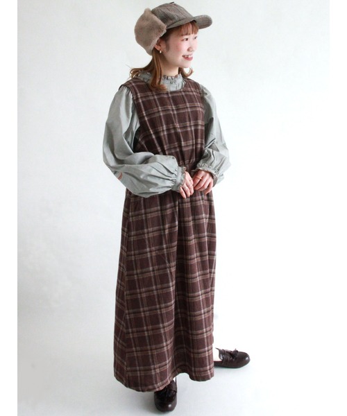 ehka sopo(エヘカソポ)の「前後着チェック柄ノースリーブワンピース(ワンピース・レディース・ベージュ/モカ/チャコール・フリ-)」の3枚目の写真
