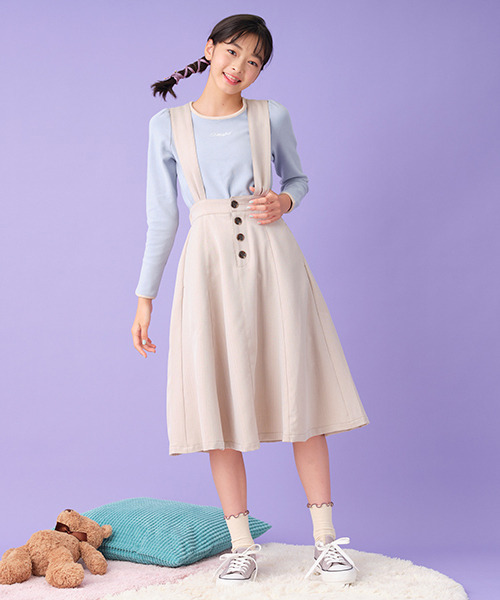 Lindsay（リンジィ）の「細見えサスペンダー付き切替ミディスカート（スカート・キッズ・ベージュ/ブルーグレー/ブラック・M/L）」の3枚目の写真