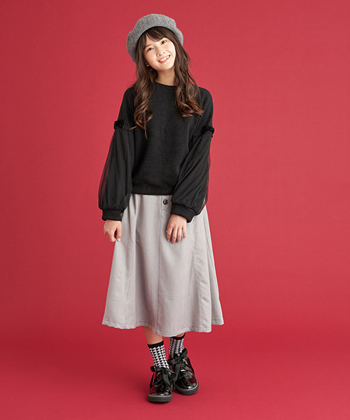 Lindsay（リンジィ）の「細見えサスペンダー付き切替ミディスカート（スカート・キッズ・ベージュ/ブルーグレー/ブラック・M/L）」の17枚目の写真