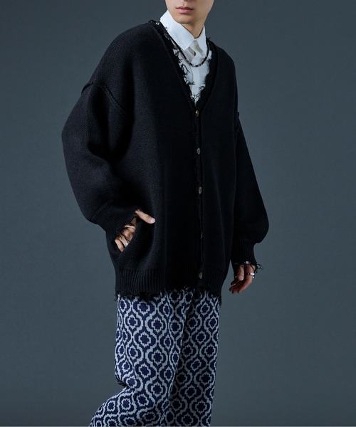 Ellno Loset（エルノロゼット）の「ダメージニットカーディガン（カーディガン/ボレロ・メンズ・ブラック/グリーン/ブルーグリーン・FREE）」の3枚目の写真