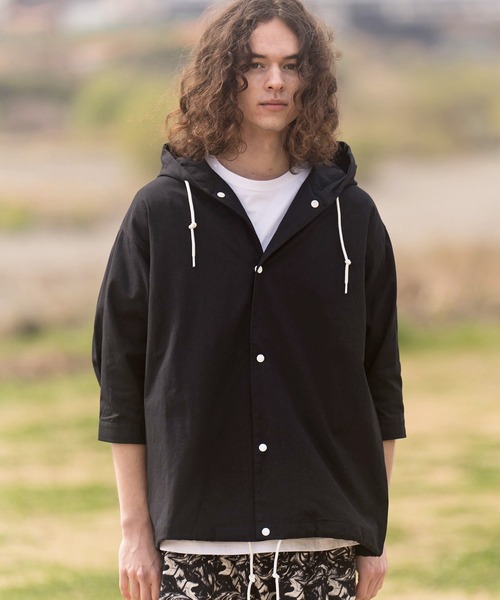 mpa2790-Minimal 3-4 Sleeve Hooded Shirts シャツ