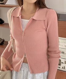 SONYUNARA カラーネックジップアップリブニット