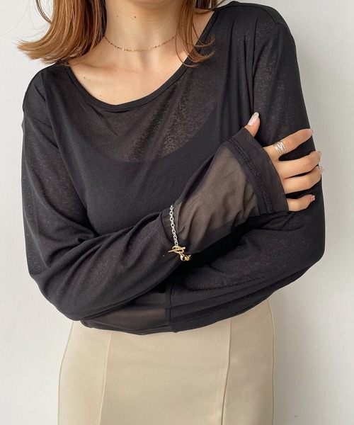 210nouve(トゥージュヌーブ)の「シアー切替ロングTシャツ(Tシャツ/カットソー・レディース・ブラック/ダークグリーン/アイボリー/ダークブルー/パープル・FREE)」の1枚目の写真