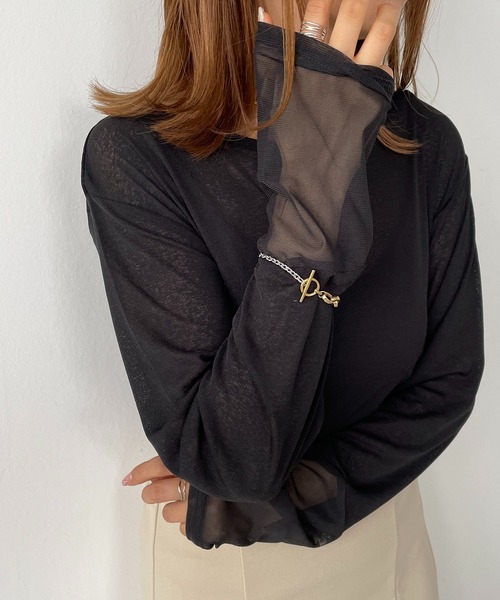 210nouve(トゥージュヌーブ)の「シアー切替ロングTシャツ(Tシャツ/カットソー・レディース・ブラック/ダークグリーン/アイボリー/ダークブルー/パープル・FREE)」の13枚目の写真