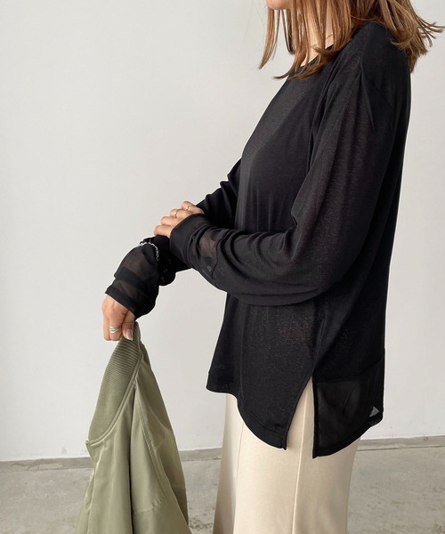 210nouve(トゥージュヌーブ)の「シアー切替ロングTシャツ(Tシャツ/カットソー・レディース・ブラック/ダークグリーン/アイボリー/ダークブルー/パープル・FREE)」の14枚目の写真