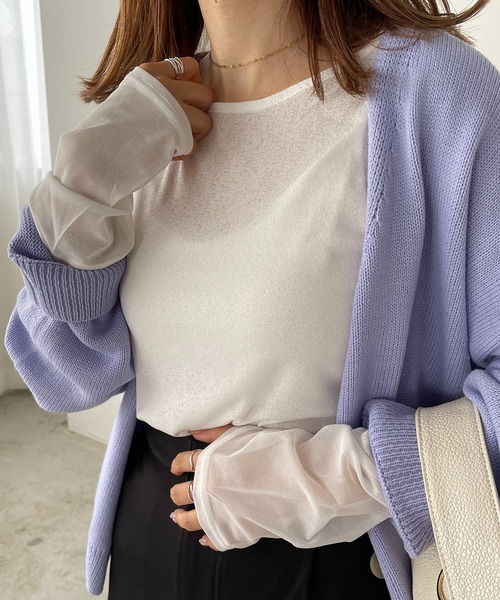 210nouve(トゥージュヌーブ)の「シアー切替ロングTシャツ(Tシャツ/カットソー・レディース・ブラック/ダークグリーン/アイボリー/ダークブルー/パープル・FREE)」の6枚目の写真