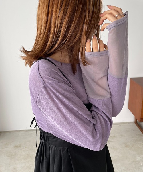 210nouve(トゥージュヌーブ)の「シアー切替ロングTシャツ(Tシャツ/カットソー・レディース・ブラック/ダークグリーン/アイボリー/ダークブルー/パープル・FREE)」の10枚目の写真