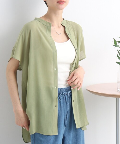 Cutie Blonde(キューティーブロンド)の「◆【ヘルシーなシアー感】前開きバンドカラーシャツ(シャツ/ブラウス・レディース・ホワイト系/ブラック/黄緑系・01/02/03)」の3枚目の写真