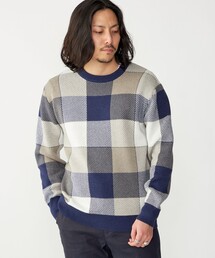 SHIPS:〈手洗い可能〉コットン カシミヤ チェック クルーネック ニット