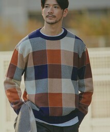SHIPS:〈手洗い可能〉コットン カシミヤ チェック クルーネック ニット