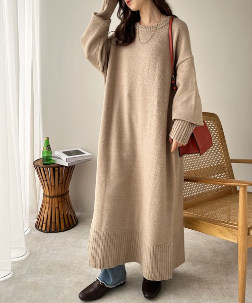 GeeRA（ジーラ）の「ゆるシルエットニットマキシワンピース（ワンピース・レディース・ブラック/ベージュ/杢グレー・LARGE/MEDIUM）」の13枚目の写真
