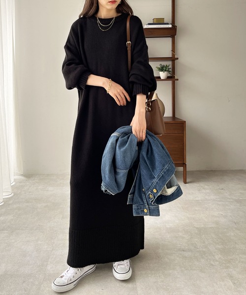 GeeRA（ジーラ）の「ゆるシルエットニットマキシワンピース（ワンピース・レディース・ブラック/ベージュ/杢グレー・LARGE/MEDIUM）」の4枚目の写真