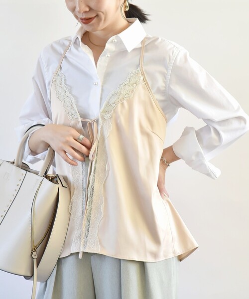 quaranciel（カランシエル）の「quaranciel:〈洗濯機可能〉サテン レース フロント オープン キャミソール（キャミソール・レディース・ベージュ/ナチュラル・ONE SIZE）」の2枚目の写真