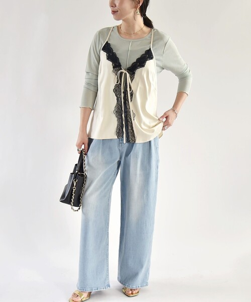 quaranciel（カランシエル）の「quaranciel:〈洗濯機可能〉サテン レース フロント オープン キャミソール（キャミソール・レディース・ベージュ/ナチュラル・ONE SIZE）」の3枚目の写真