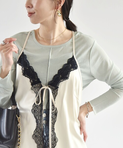 quaranciel（カランシエル）の「quaranciel:〈洗濯機可能〉サテン レース フロント オープン キャミソール（キャミソール・レディース・ベージュ/ナチュラル・ONE SIZE）」の6枚目の写真