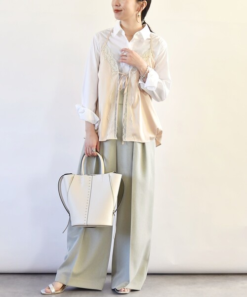 quaranciel（カランシエル）の「quaranciel:〈洗濯機可能〉サテン レース フロント オープン キャミソール（キャミソール・レディース・ベージュ/ナチュラル・ONE SIZE）」の9枚目の写真